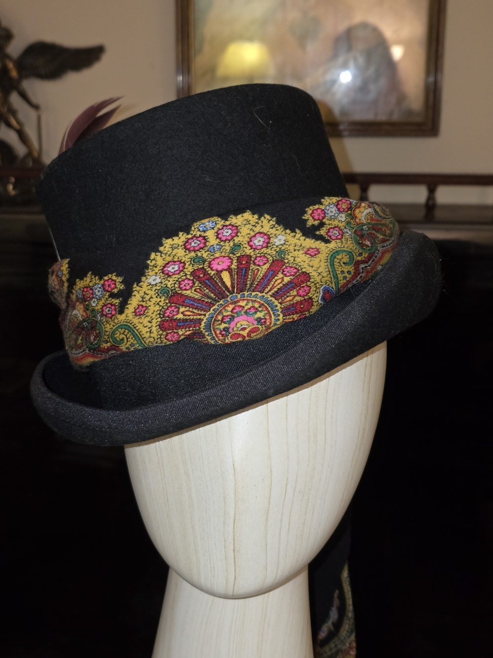 Black Wool Felt Top Hat with Decorative Black, Yellow & Pink Scarf Band 57cm